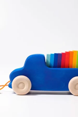 Grimms blauwe trekauto met gekleurde blokjes Koop Vandaag