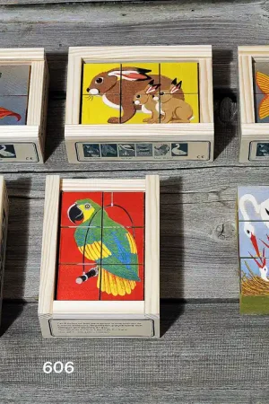 Beperkte Voorraad Atelier Fisher handgemaakt Blokkenpuzzel dieren gekleurde achtergrond 6-delig