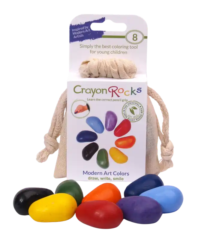 Acht Crayon Rocks in moderne kunst kleuren in een ecru katoenen zakje Voordeelprijs