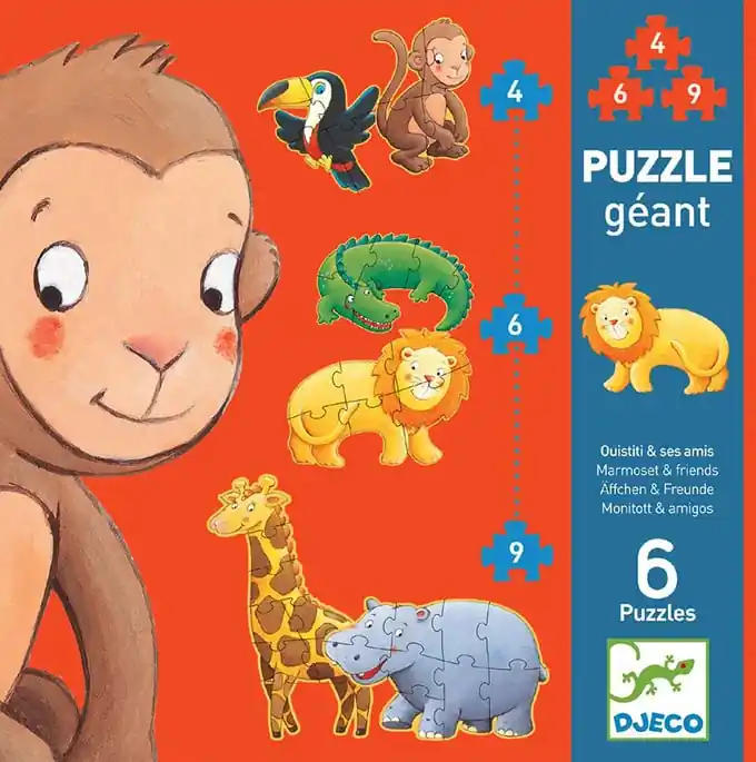 Express Levering Djeco 6 puzzels, 4-6-9 stukjes, Safaridieren, 2+