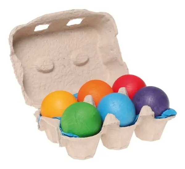 Rechtstreeks Van De Fabrikant Grimm's 6 gekleurde houten ballen in eierdoosje