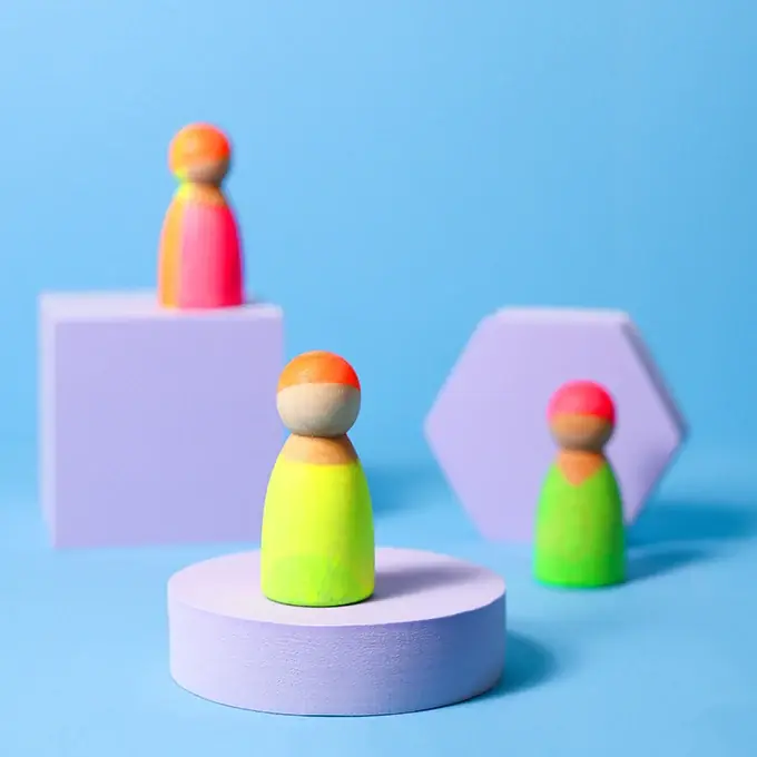 Grimm's 3 houten Neon Vriendjes/Poppetjes Mix Rechtstreeks Van De Fabrikant