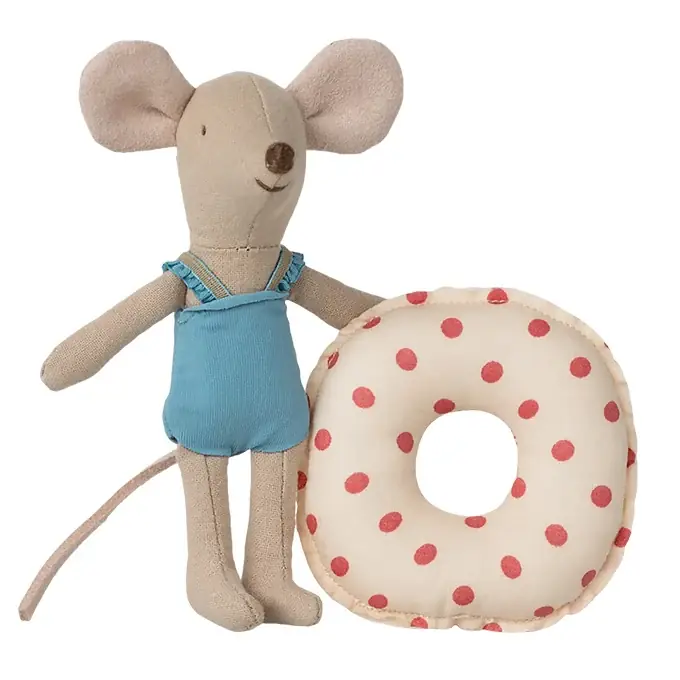 Maileg Kleine Zus muis met zwemband - Little Sister Beach Mouse with Float, Red dot Hete Deal