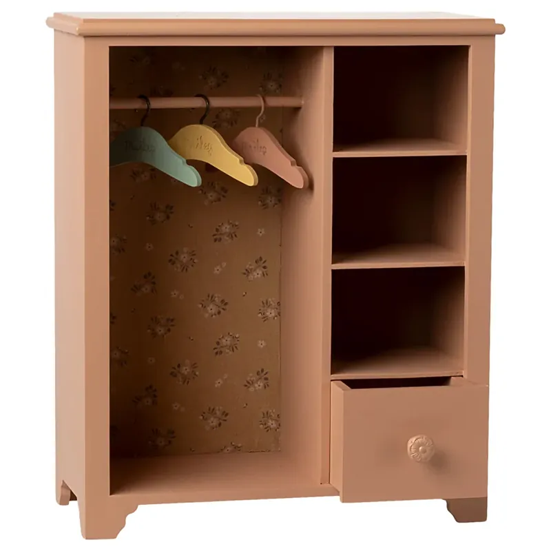Must-Have Maileg houten garderobekast incl. 3 hangers, Wardrobe Large - Dark powder, 33cm