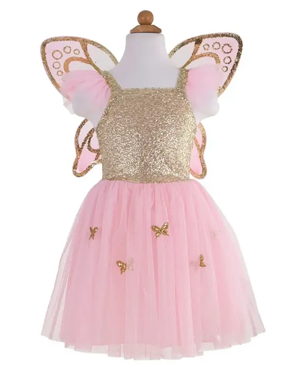 Great Pretenders, Elfenjurk / Vlinderjurk met vleugels, Gold Butterfly Dress, 5-7 jaar Laatste Kans