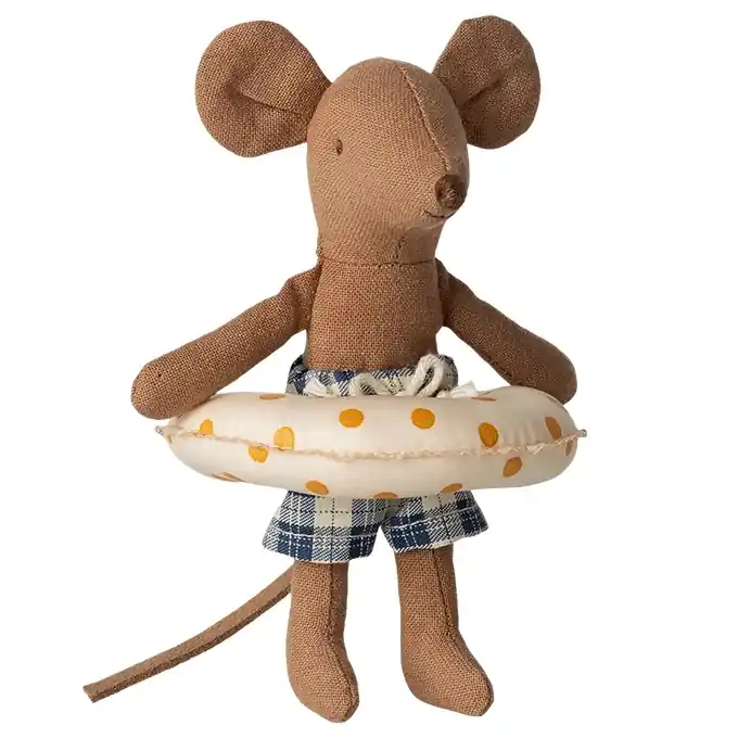 Maileg Kleine Broer muis met zwemband - Little Brother Beach Mouse with Float, Yellow dots Lage Prijs