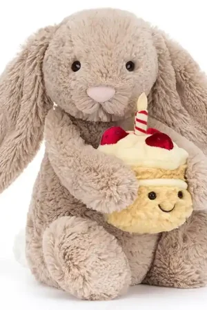 Speciale Aanbieding Jellycat Knuffel Konijn met taart, Bashful Beige Bunny 'Birthday', 31cm