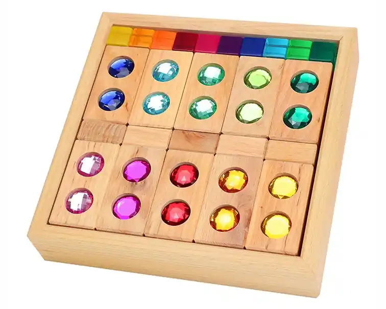 Betaalbaar Bauspiel Blokkenset met Glitterstenen, Vensterblokken en Lucent Cubes 45-delig, 'Colour Street'