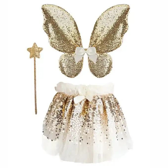 Alleen Vandaag Great Pretenders, Tule rok met vleugels en toverstafje, gouden pailletten, Gracious Gold Sequins Set, 4-6 jaar