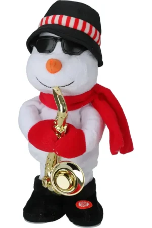 Dansende sneeuwpop knuffel - pluche - saxofoon - 35 cm - kerstfiguur Finale Uitverkoop