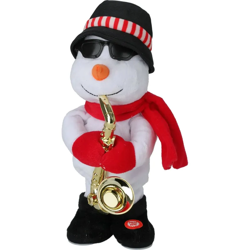 Dansende sneeuwpop knuffel - pluche - saxofoon - 35 cm - kerstfiguur Finale Uitverkoop
