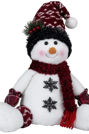 Pluche sneeuwpop decoratie – 36 cm – zittende kerstfiguur met rode muts Korting
