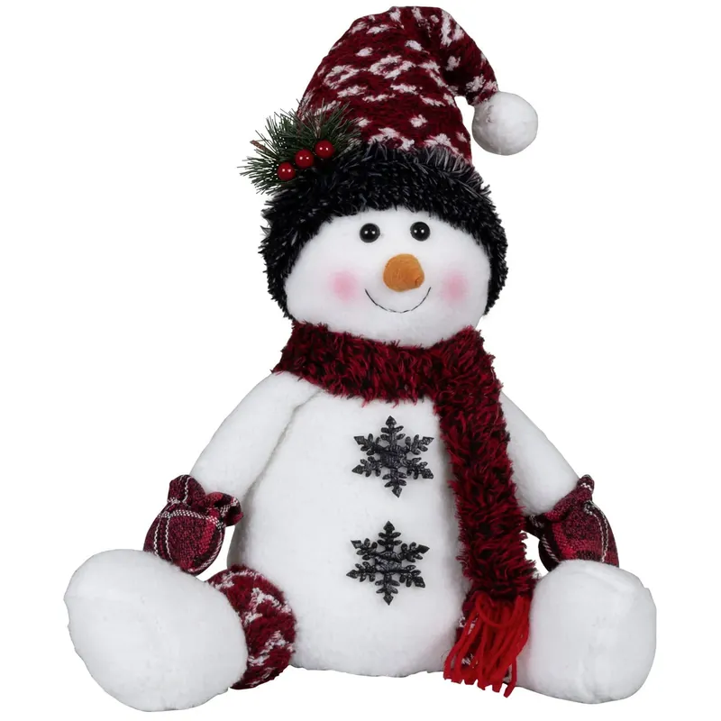 Pluche sneeuwpop decoratie – 36 cm – zittende kerstfiguur met rode muts Korting