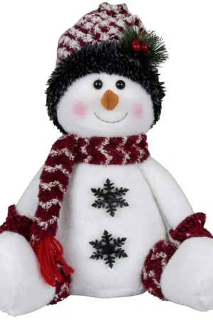 Speciale Aanbieding Pluche sneeuwpop decoratie – 36 cm – zittende kerstfiguur met witte muts