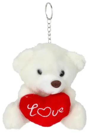 Superprijs Cepewa Sleutelhanger beertje love - wit - H10 cm - pluche - knuffelbeer - valentijnsdag