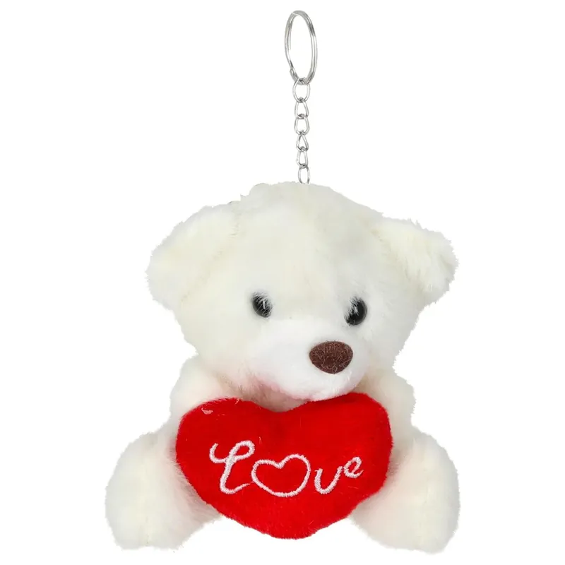 Superprijs Cepewa Sleutelhanger beertje love - wit - H10 cm - pluche - knuffelbeer - valentijnsdag