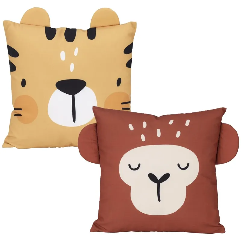 Dieren sierkussen set - 2x - kinderkamer - tijger en aapje - 40 x 40 cm - polyester Populair