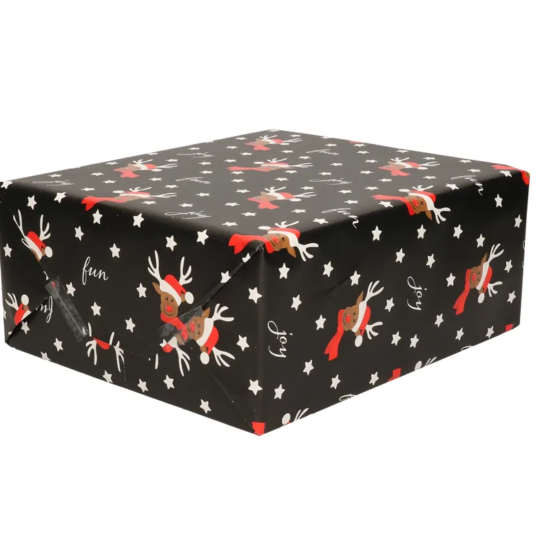 Bellatio Decorations Kerst Cadeaupapier - zwart - 250x70 cm - rendier Premium