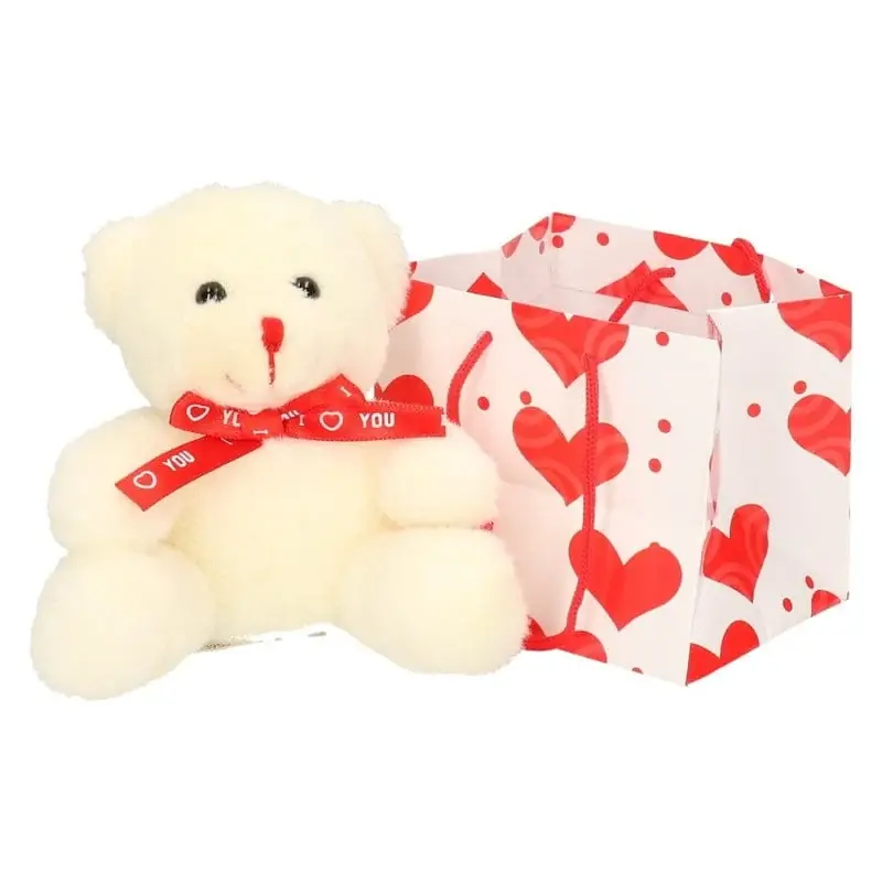 Witte pluche knuffelbeer - rood sjaaltje - 10 cm Gratis Retour