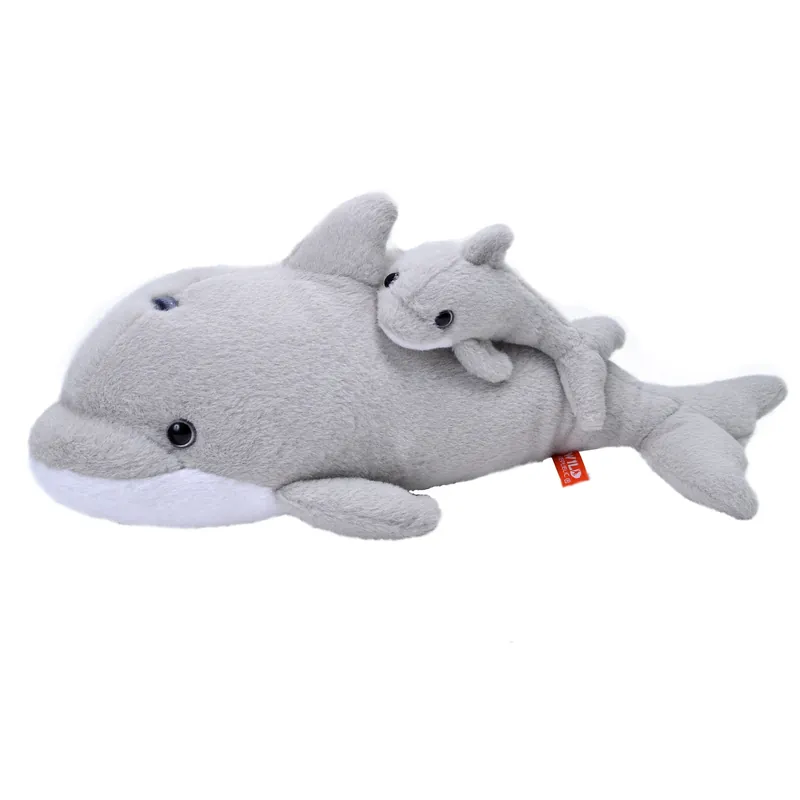 Wild Republic dolfijn knuffel met jong - pluche - 38 cm - grijs - zeedieren - dierenknuffel Favoriet