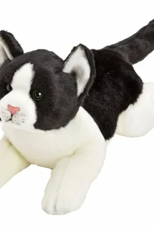 Uitverkoop Pluche kat knuffel - zwart/wit - liggend - 33 cm