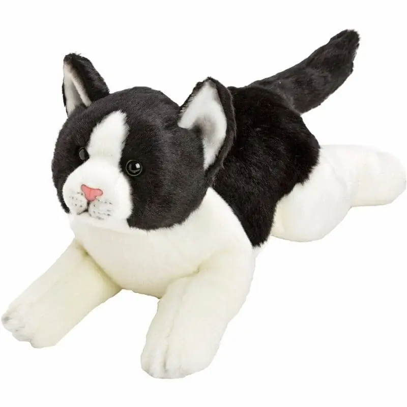 Uitverkoop Pluche kat knuffel - zwart/wit - liggend - 33 cm