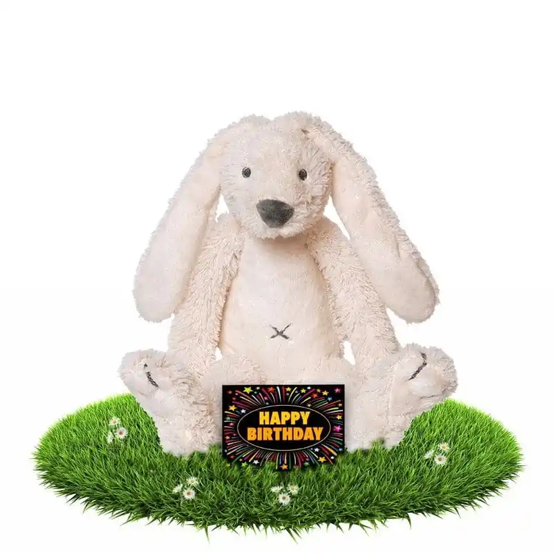 Gereduceerde Prijs Verjaardag knuffel konijn - pluche - 28 cm - met kaart