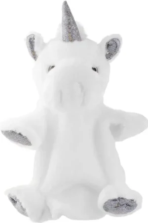 Korting Pluche eenhoorn handpop - wit/zilver - 25 cm - knuffel