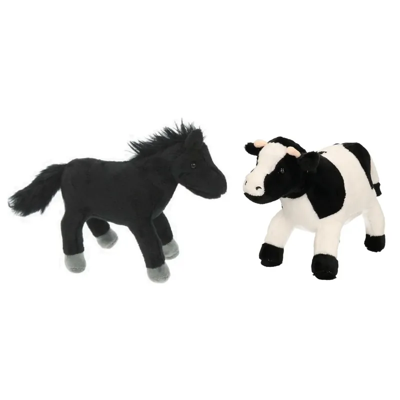 Uitverkoop Pluche boerderijdieren knuffelset - koe en zwart paard - 20 cm - zacht