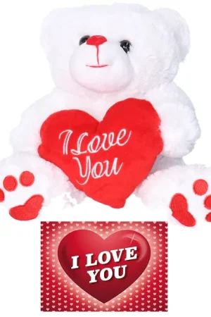Flitsaanbieding Pluche knuffelbeer - 27 cm - wit/rood - Valentijn - met kaart