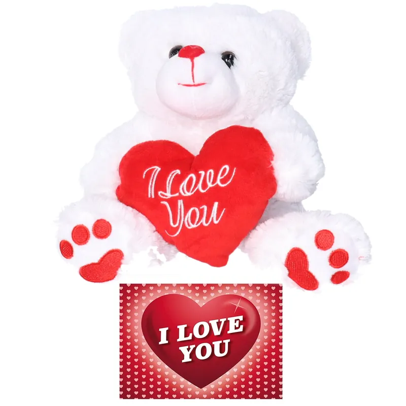 Flitsaanbieding Pluche knuffelbeer - 27 cm - wit/rood - Valentijn - met kaart