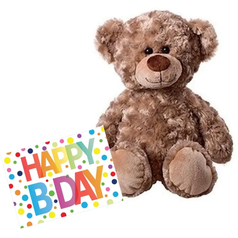 Teddy knuffelbeer - pluche - 43 cm - Happy Birthday kaart Fabrieksprijs