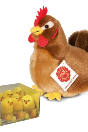 Pluche kip knuffel - 16 cm - met 6 kuikens - paasdecoratie Koopje
