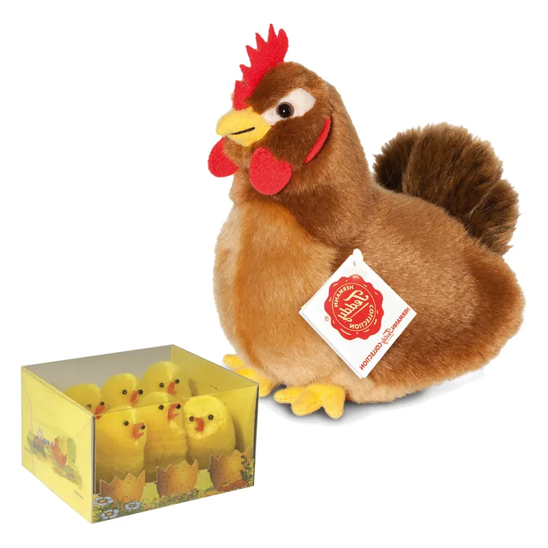 Pluche kip knuffel - 16 cm - met 6 kuikens - paasdecoratie Koopje