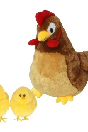 Finale Uitverkoop Pluche kip knuffel - 20 cm - bruin - met 2 gele kuikens