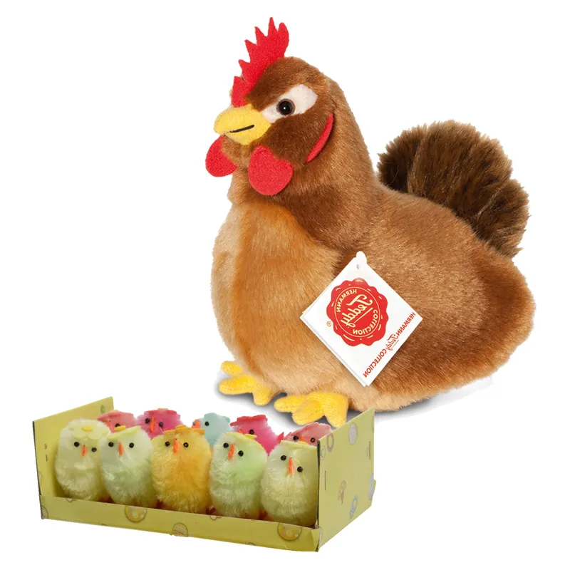 Pluche kip knuffel - 16 cm - multikleur - met 10 kuikens - kippen familie Superprijs