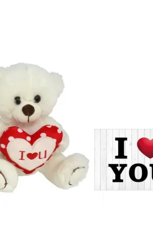 Shop Nu Pluche knuffelbeer met I Love hartje - wit/rood - 20 cm - wenskaart