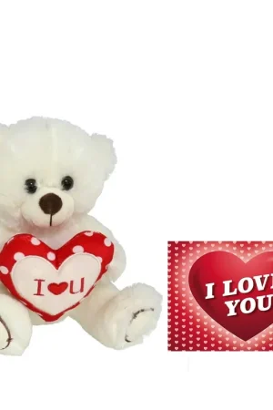 Op = Op Pluche knuffelbeer - wit/rood - 20 cm - met I Love hartje