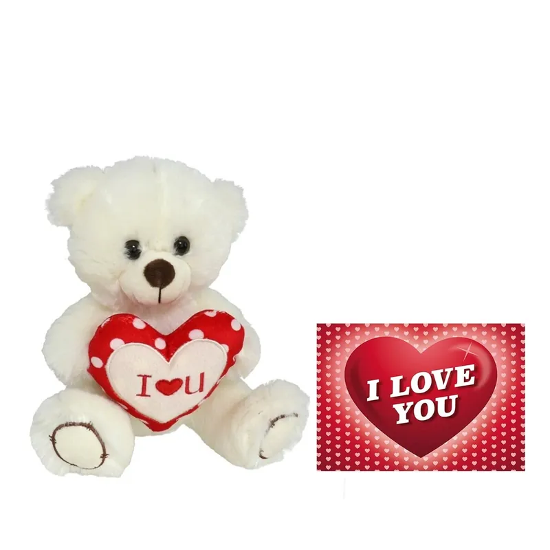 Op = Op Pluche knuffelbeer - wit/rood - 20 cm - met I Love hartje
