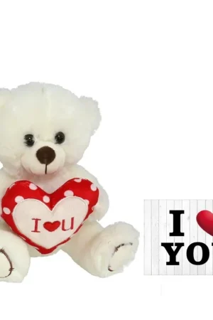 Pluche knuffelbeer - wit/rood - 30 cm - I Love hartje - wenskaart Koopje