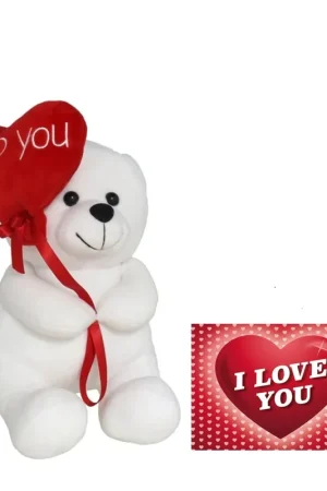 Meest Verkocht Pluche knuffelbeer met I Love hartje - wit/rood - 20 cm - kaart