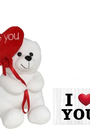 Pluche knuffelbeer met I Love hartje - wit/rood - 20 cm Korting
