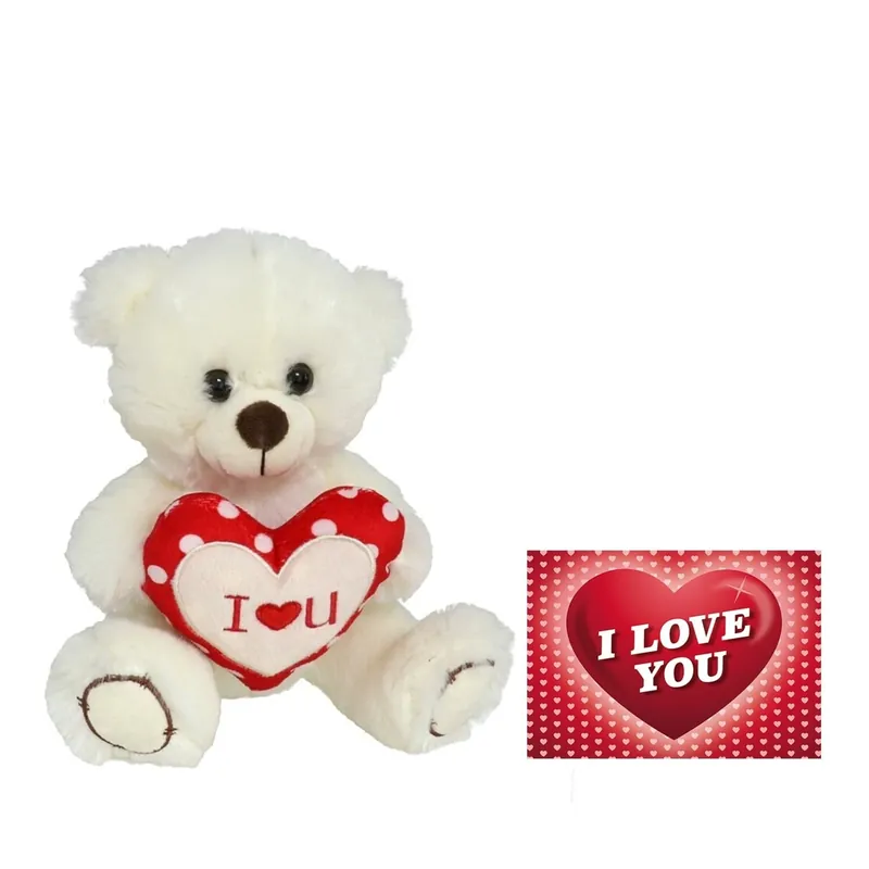 Knuffelbeer met I Love hartje - pluche - wit/rood - 30 cm Bestel Nu