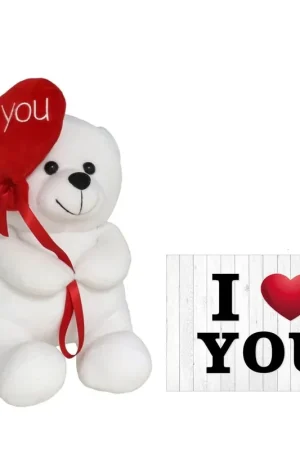 Aanbieding Pluche knuffelbeer - wit/rood - 30 cm - I Love hartje - wenskaart