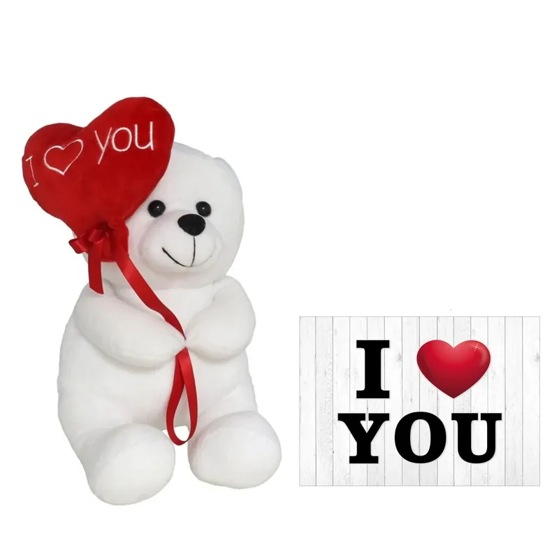 Aanbieding Pluche knuffelbeer - wit/rood - 30 cm - I Love hartje - wenskaart