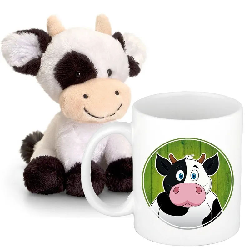 Cadeau set kind - koe knuffel - pluche - beker 300 ml Direct Beschikbaar