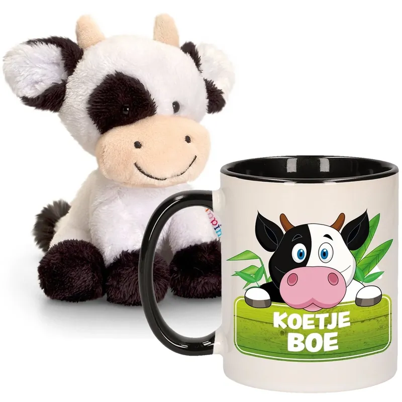 Koeien knuffel en mok cadeau set - pluche - 14 cm - 300 ml Nieuw