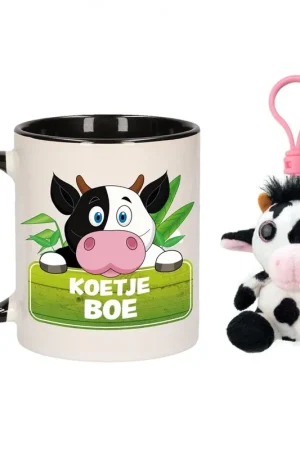 Aanbieding Cadeau set kind - koe knuffelsleutelhanger - mok 300 ml
