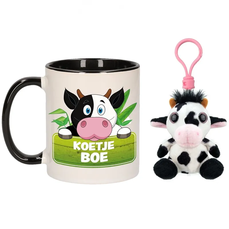 Aanbieding Cadeau set kind - koe knuffelsleutelhanger - mok 300 ml