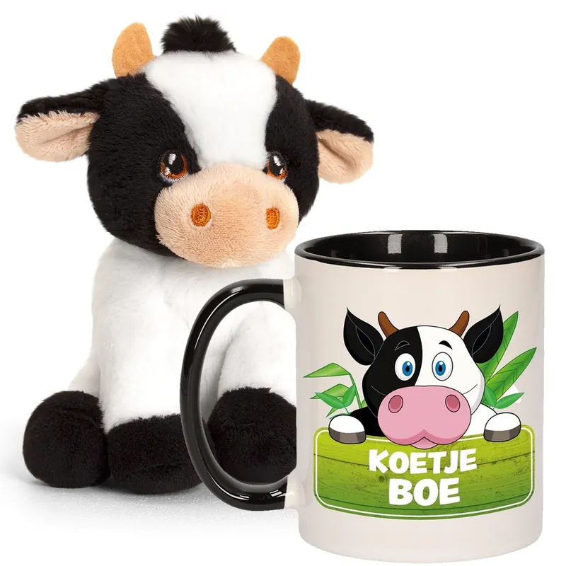 Premium Cadeauset koe - pluche knuffel 12 cm - mok 300 ml